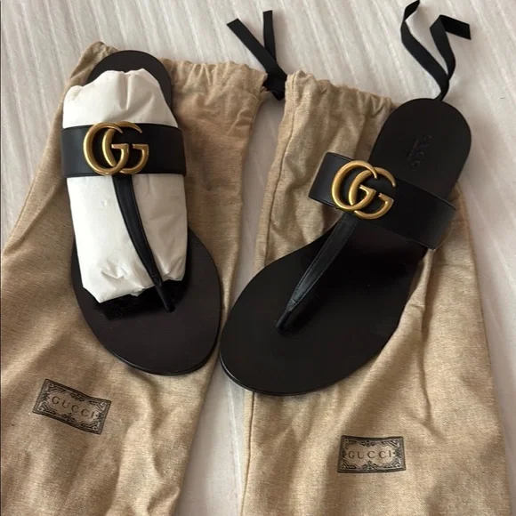 Gucci Black Sandals with Gold Logo GUCCI Black Marmont Gold Bronze Metal GG Logo Sandals Flip  main image 4